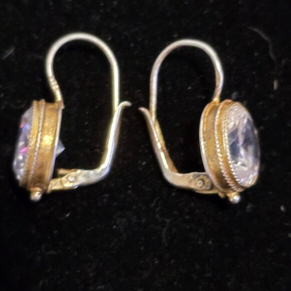 Gold-Tone 925 Sterling Silver Oval Crystal Dangle Earrings Lever back - Picture 8 of 11
